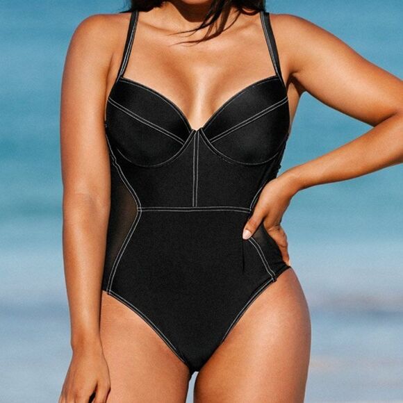 Black with Ivory contrast stitching one piece swimsuit with underwire - Picture 1 of 4